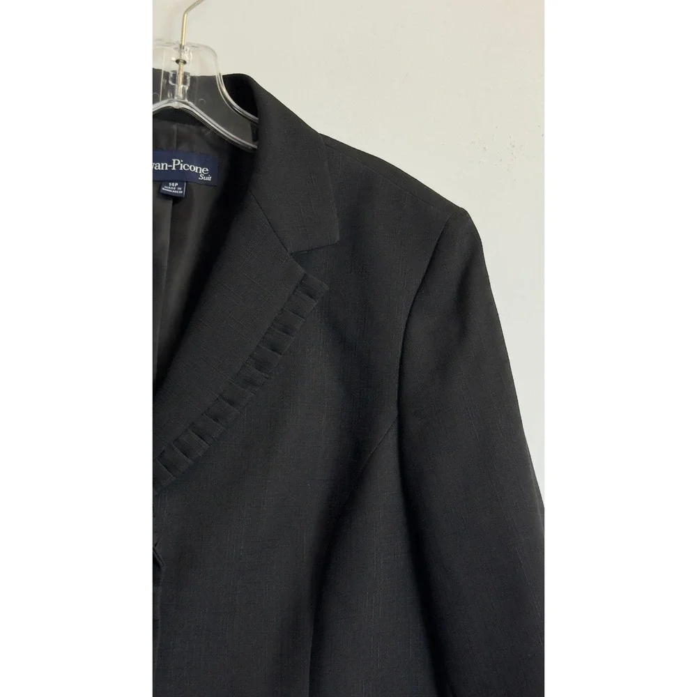 Evan-Picone Black Textured‎ Ruffle Trim Blazer Jacket Petite 14P Professional